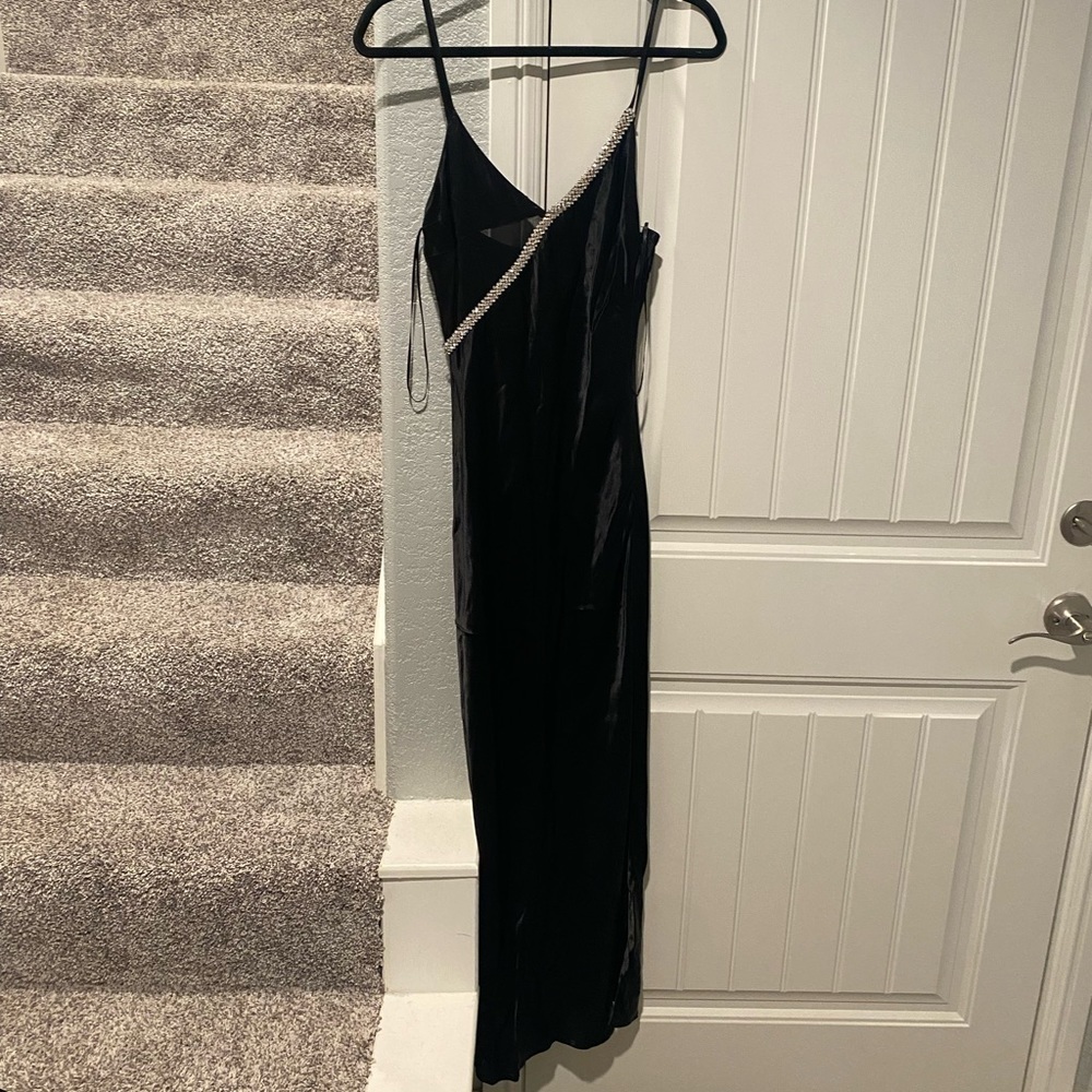 ZARA SATIN EFFECT RHINESTONE CRYSTAL BLACK DRESS - Picture 9 of 10
